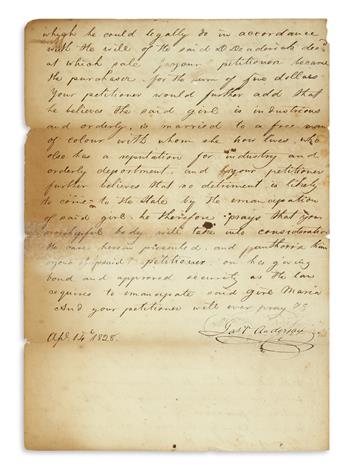 (SLAVERY AND ABOLITION.) Anderson, James V. Petition in support of a woman whose manumission was ignored.
